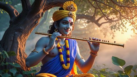 Blue-Skinned Youth with Golden Flute Under Tree in Mythological Scene