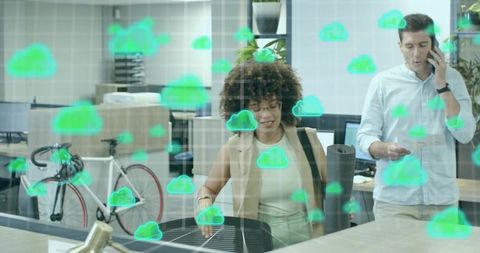 Professionals Navigating Futuristic Workspace with Cloud Technology