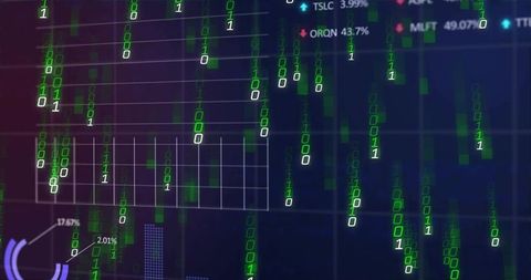 Falling binary data stream overlaying financial charts and analytics dashboard
