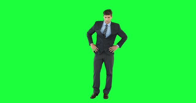 A professional adult male wearing a formal suit is standing with his hands on hips in front of a green screen background. Ideal for use in corporate marketing materials, business presentations, or promotional videos. The green screen allows for easy editing and inserting into different environments or backgrounds.