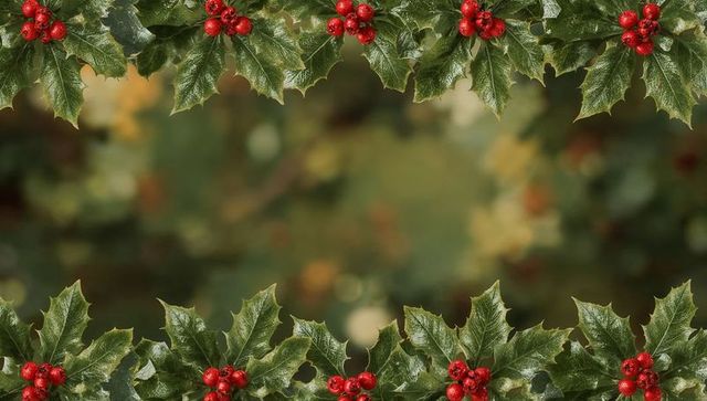 Glossy Holly Border with Red Berries and Dew Drops on Soft Bokeh Green Backdrop