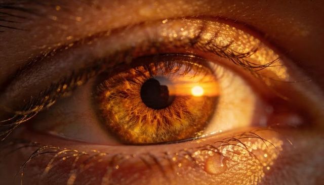 Amber iris reflecting golden sunset horizon with tear drop macro closeup and warm glow