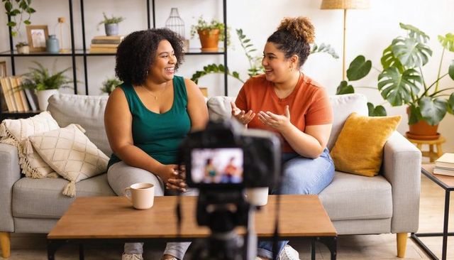 Two women chatting on couch recording casual at-home cohost conversation for vlog