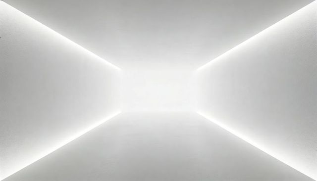 Minimal white corridor with recessed led lighting leading to bright vanishing point