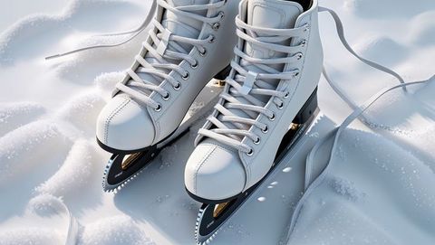 White leather ice skates gleaming on snowy ice skating surface outdoor adventure