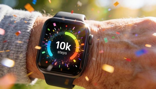 Smartwatch celebrating 10k steps with colorful confetti on wrist in sunlit park