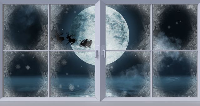 Santa's Sleigh Silhouette Against Full Moon Through Frosty Window - Download Free Stock Images Pikwizard.com