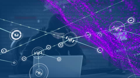 Mysterious Hacker Working on Laptop with Digital Connections