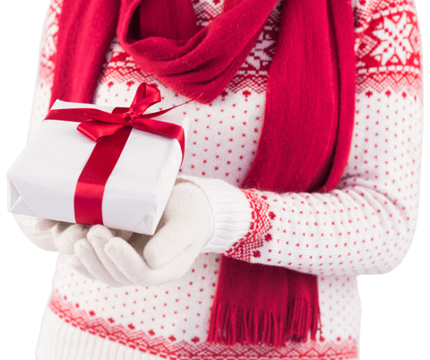 Transparent winter gift holding with red ribbon