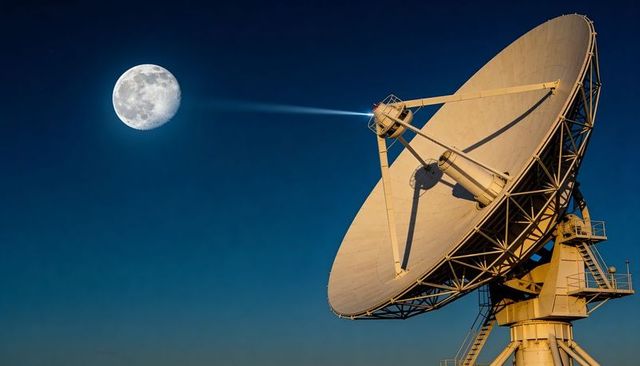 Parabolic satellite dish beaming narrow radio signal toward full moon night observatory