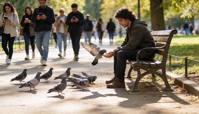 Man feeding pigeons on park bench with walking crowd in autumn sunlight