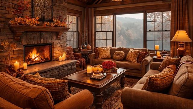Cozy rustic living room with stone fireplace, autumn decor, pumpkins and candlelight