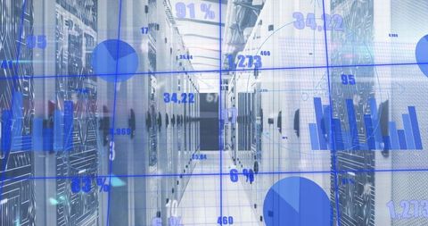 Server racks displaying data analytics overlays in modern data center