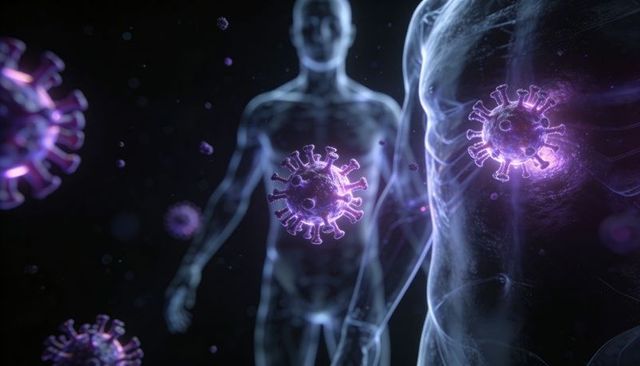 Translucent torso interacting with glowing purple virus particles 3d medical visualization