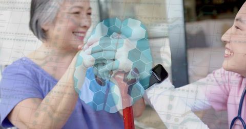 Smiling Senior Holding Cane Receiving Nurse Assistance With 3D Knee Overlay Technology