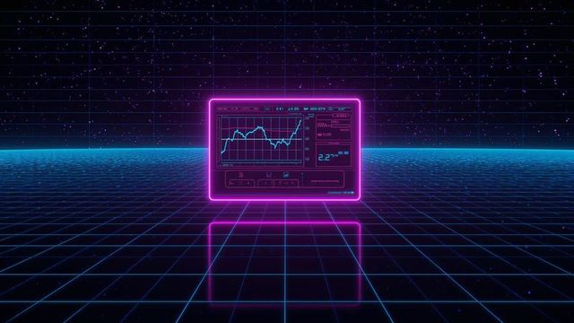 Futuristic neon floating monitor displaying rising graph on grid