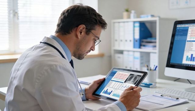 Doctor reviewing tablet with medical charts, ecg and x-ray in bright clinic