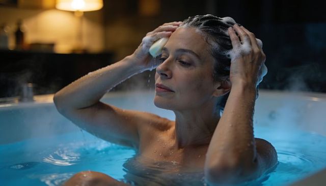 Middle-aged woman washing hair with shampoo bar while relaxing in steamy blue-lit bathtub