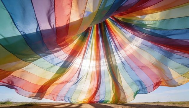 Billowing rainbow canopy backlighting sun over open field, translucent striped fabric