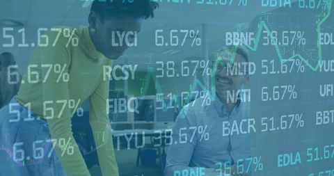 Collaborating on financial analysis with digital stock data overlay in modern corporate office