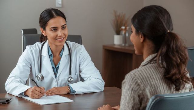 Female physician smiling and writing notes during patient consultation in clinic office