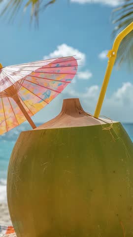 Opening shot showing closeup coconut drink with umbrella and straw on tropical beach