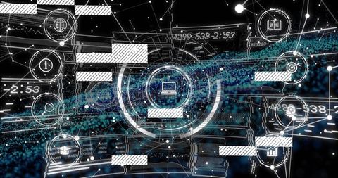 Futuristic HUD displaying laptop icon with data visualization, network analytics and neon grid inter