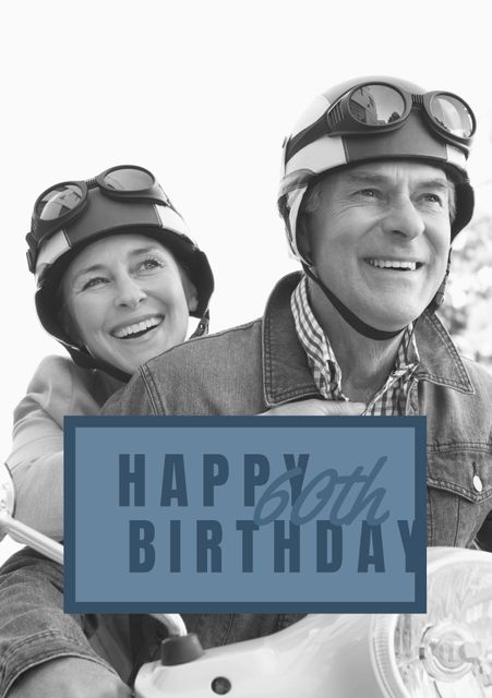 Perfect for birthday greeting cards, this image captures a joyful older couple celebrating a 60th birthday on a scooter. Ideal for themes of adventure, companionship, and active lifestyle in golden years. Shows a sense of joy, love, and celebration. Great for use in senior living brochures, advertisements promoting active lifestyles, and family-oriented publications.