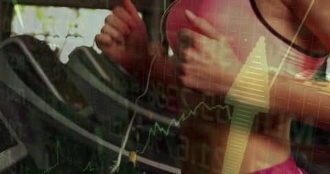 Female running on treadmill wearing earbuds with fitness data overlay and rising performance chart