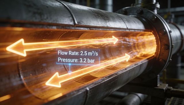 Cutaway industrial pipe showing glowing flow arrows and hud readout for process control