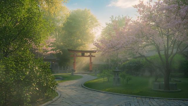 Sunlit japanese garden with red torii gate and cherry blossoms on misty morning path