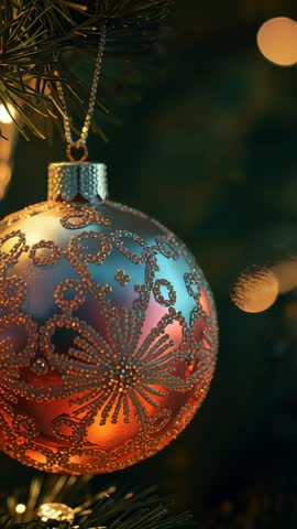 Rotating Christmas bauble in tree with warm bokeh lights, vertical loopable video