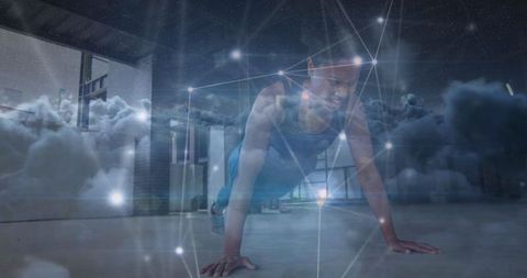 African American Athlete Training with Futuristic Digital Interface