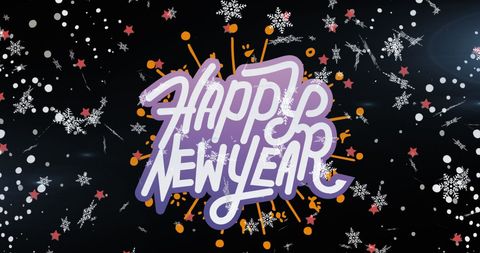 Festive happy new year celebration with snowflakes and fireworks