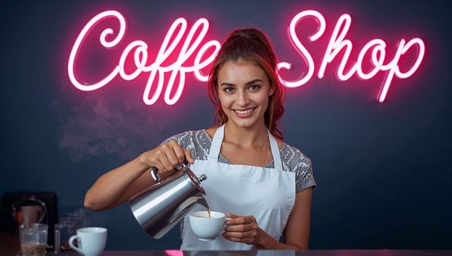 Smiling barista pouring coffee from gooseneck kettle under neon coffee shop sign
