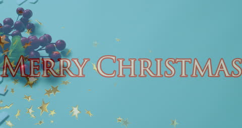 Merry Christmas Text with Decorative Elements on Blue Background