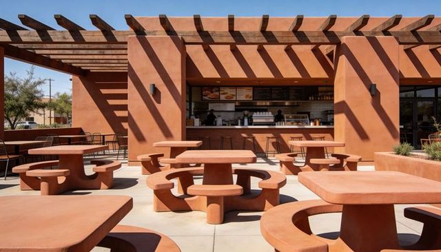 Terracotta cafe courtyard with geometric picnic tables and dramatic pergola shadows
