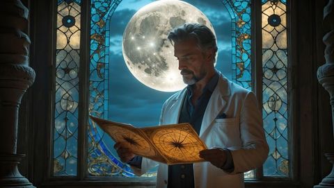 Astrologist contemplating star chart in gothic observatory by night