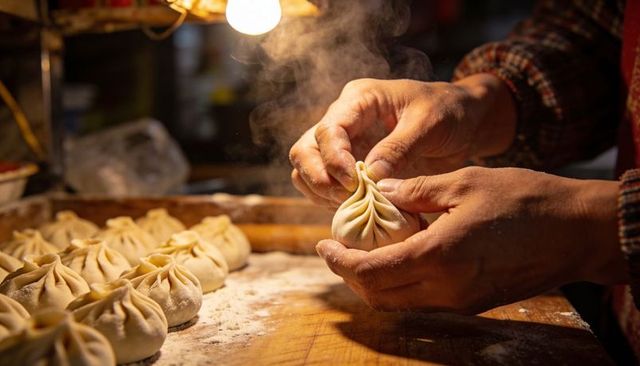 Hand-pleating steaming handmade dumplings on floured wooden board by street vendor
