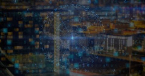 Futuristic hud display over city skyline at night