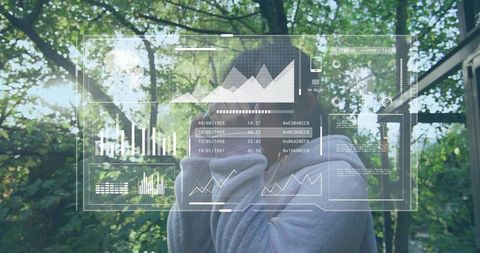 Chinese girl standing on porch wearing gray hoodie interacting with augmented reality hud