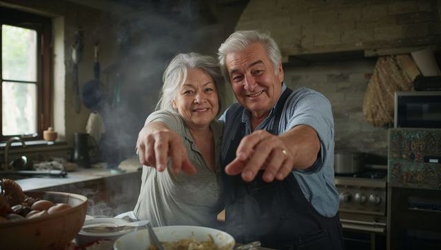 Smiling senior couple offering steaming bowl while cooking in cozy rustic kitchen in aprons