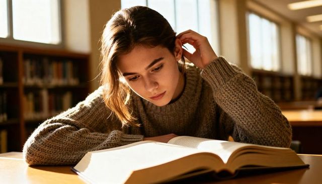 Sunlit Student Reading Thick Book at Library Table, Cozy Chunky Sweater, Focused Study