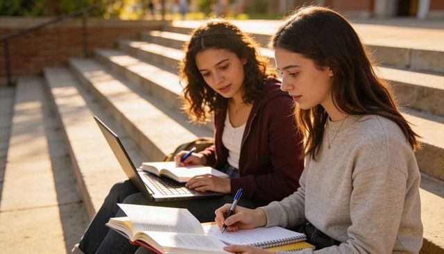College students studying together on sunlit campus steps writing notes using laptop and textbooks