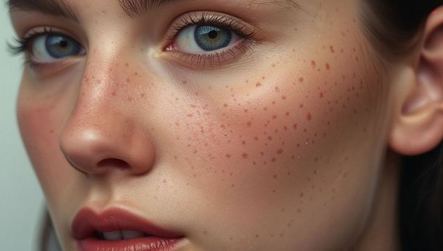 Close-up portrait of freckled woman with green eyes in soft lighting