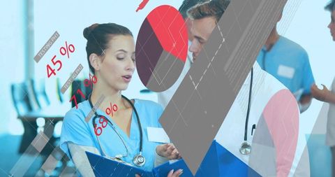 Nurse explaining clinical data with infographic overlay to doctor in hospital corridor