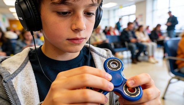 Preteen wearing headphones focusing on blue fidget spinner while waiting in school lounge