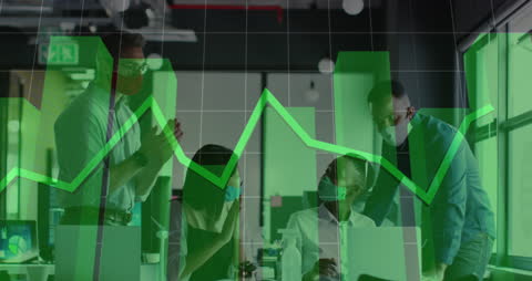 Team Analyzing Financial Data with Overlayed Graphs in Modern Office
