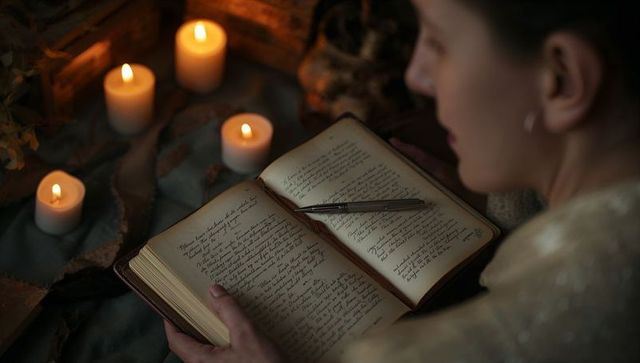 Woman reading handwritten journal by candlelight, cozy intimate journaling scene