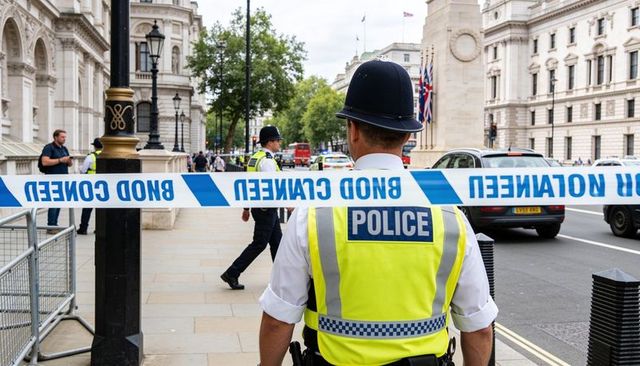 Police officer coordinating cordon tape in london civic district wearing hi-vis helmet